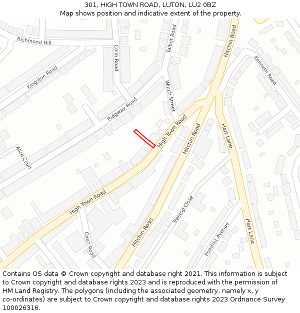 301, HIGH TOWN ROAD, LUTON, LU2 0BZ: Location map and indicative extent of plot