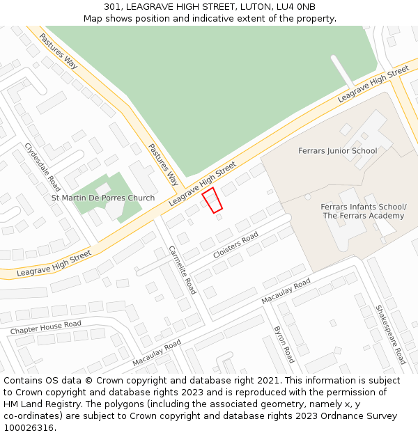 301, LEAGRAVE HIGH STREET, LUTON, LU4 0NB: Location map and indicative extent of plot