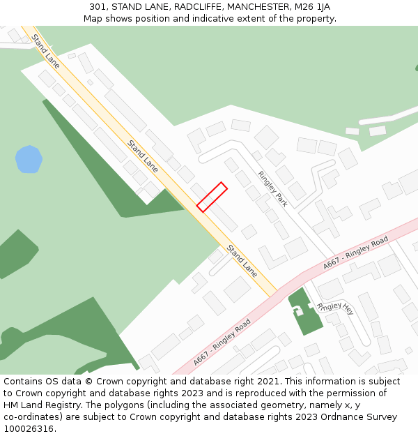 301, STAND LANE, RADCLIFFE, MANCHESTER, M26 1JA: Location map and indicative extent of plot