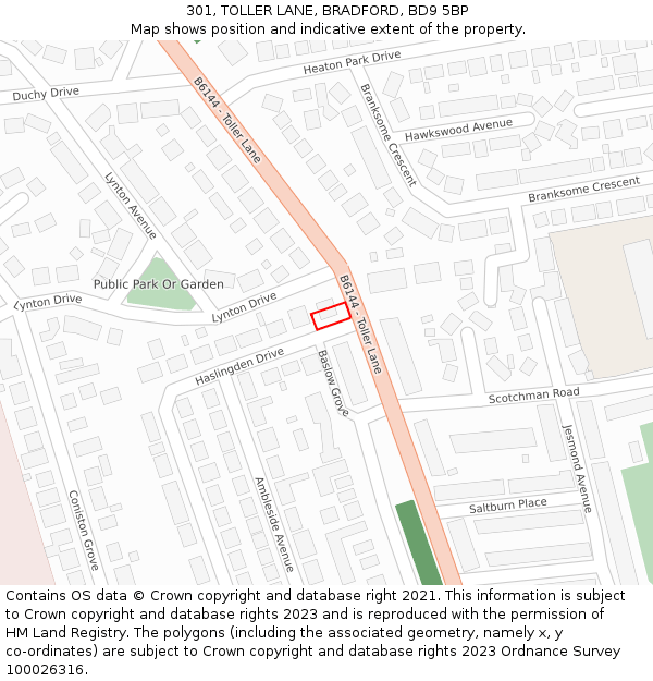 301, TOLLER LANE, BRADFORD, BD9 5BP: Location map and indicative extent of plot