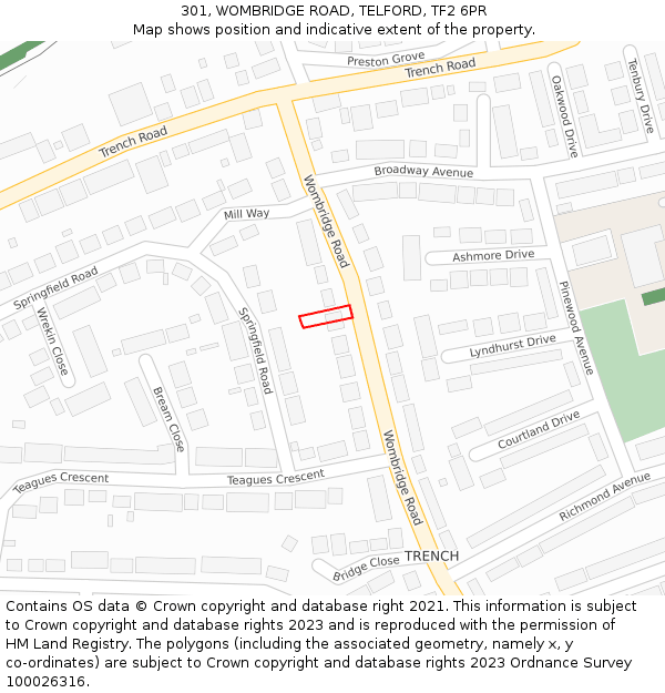 301, WOMBRIDGE ROAD, TELFORD, TF2 6PR: Location map and indicative extent of plot