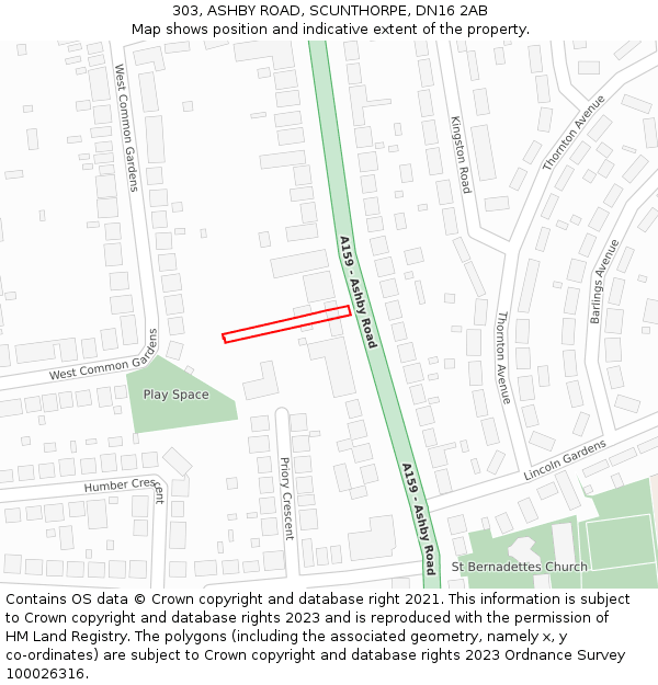 303, ASHBY ROAD, SCUNTHORPE, DN16 2AB: Location map and indicative extent of plot