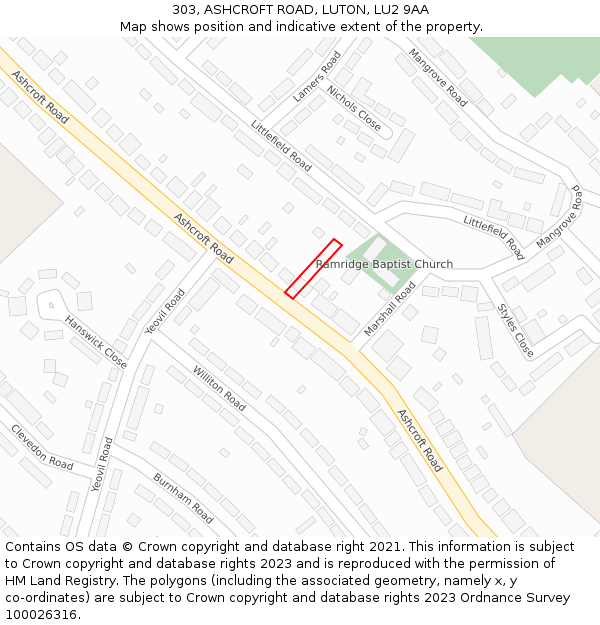 303, ASHCROFT ROAD, LUTON, LU2 9AA: Location map and indicative extent of plot