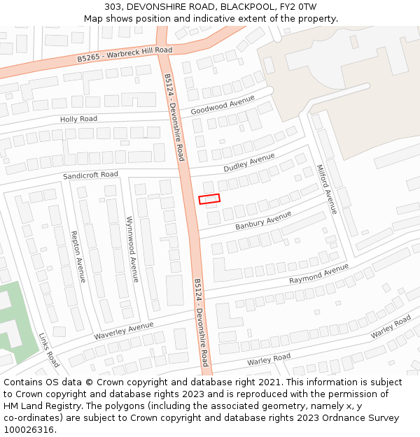 303, DEVONSHIRE ROAD, BLACKPOOL, FY2 0TW: Location map and indicative extent of plot