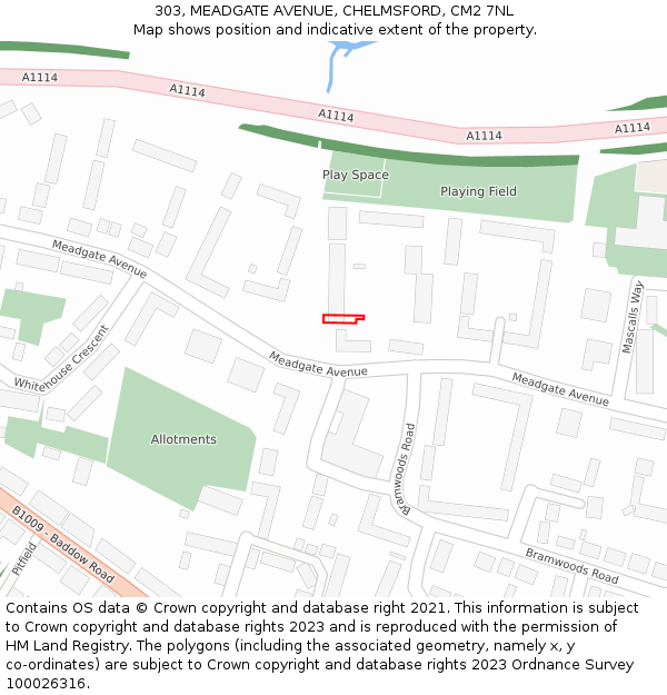 303, MEADGATE AVENUE, CHELMSFORD, CM2 7NL: Location map and indicative extent of plot