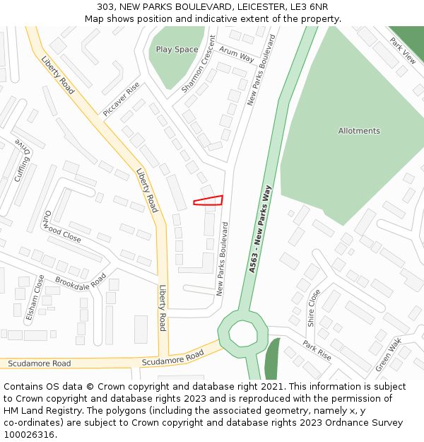 303, NEW PARKS BOULEVARD, LEICESTER, LE3 6NR: Location map and indicative extent of plot