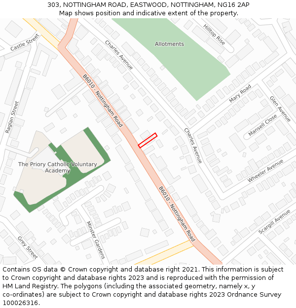 303, NOTTINGHAM ROAD, EASTWOOD, NOTTINGHAM, NG16 2AP: Location map and indicative extent of plot