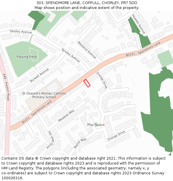 303, SPENDMORE LANE, COPPULL, CHORLEY, PR7 5DD: Location map and indicative extent of plot