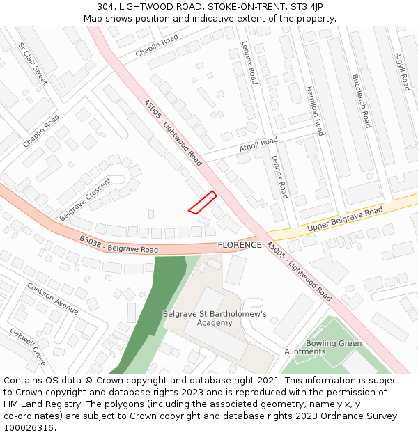 304, LIGHTWOOD ROAD, STOKE-ON-TRENT, ST3 4JP: Location map and indicative extent of plot