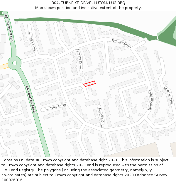 304, TURNPIKE DRIVE, LUTON, LU3 3RQ: Location map and indicative extent of plot