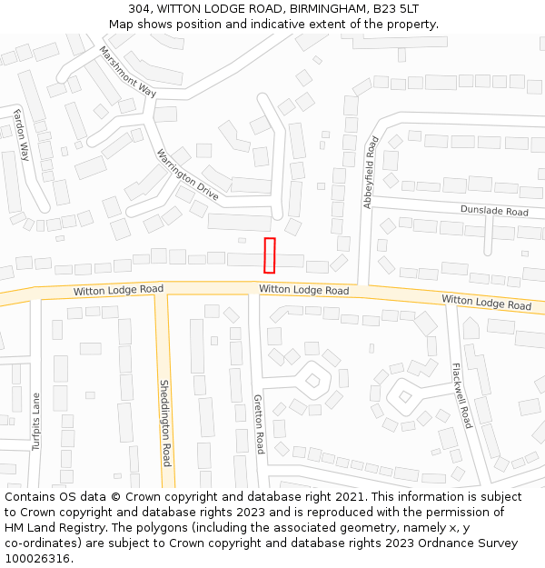 304, WITTON LODGE ROAD, BIRMINGHAM, B23 5LT: Location map and indicative extent of plot