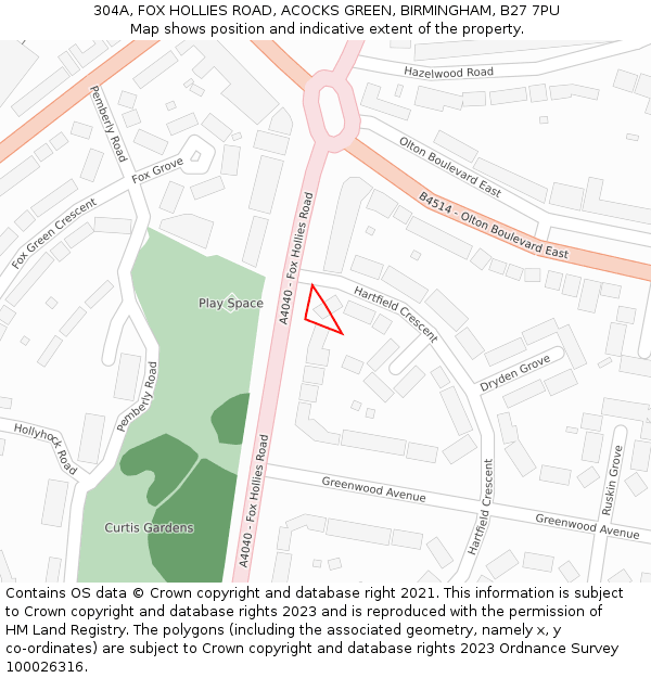 304A, FOX HOLLIES ROAD, ACOCKS GREEN, BIRMINGHAM, B27 7PU: Location map and indicative extent of plot