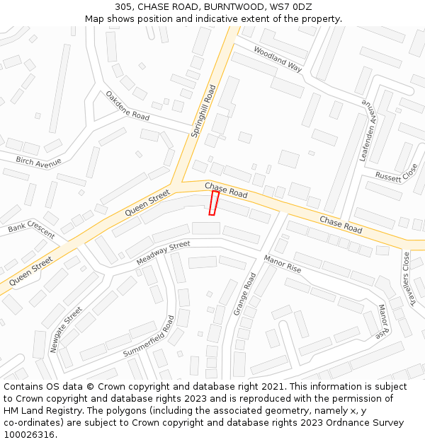 305, CHASE ROAD, BURNTWOOD, WS7 0DZ: Location map and indicative extent of plot