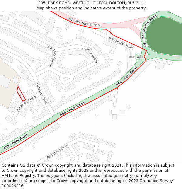 305, PARK ROAD, WESTHOUGHTON, BOLTON, BL5 3HU: Location map and indicative extent of plot