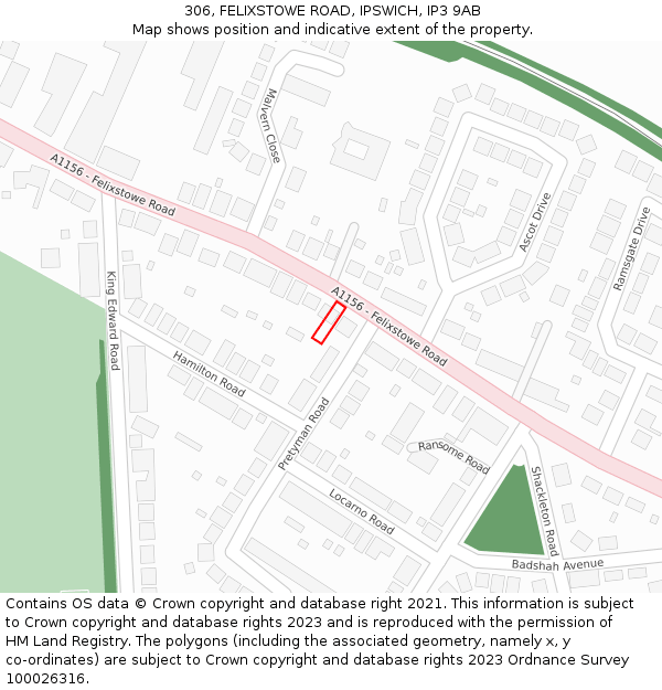 306, FELIXSTOWE ROAD, IPSWICH, IP3 9AB: Location map and indicative extent of plot