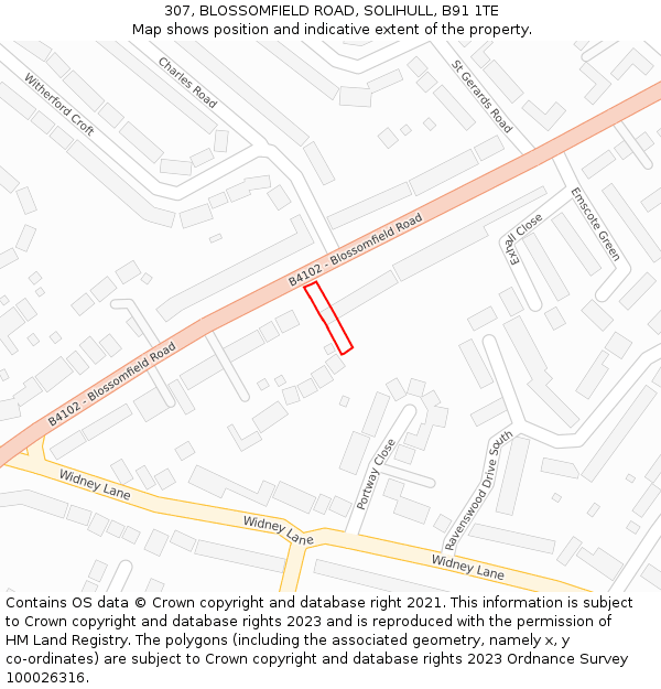 307, BLOSSOMFIELD ROAD, SOLIHULL, B91 1TE: Location map and indicative extent of plot