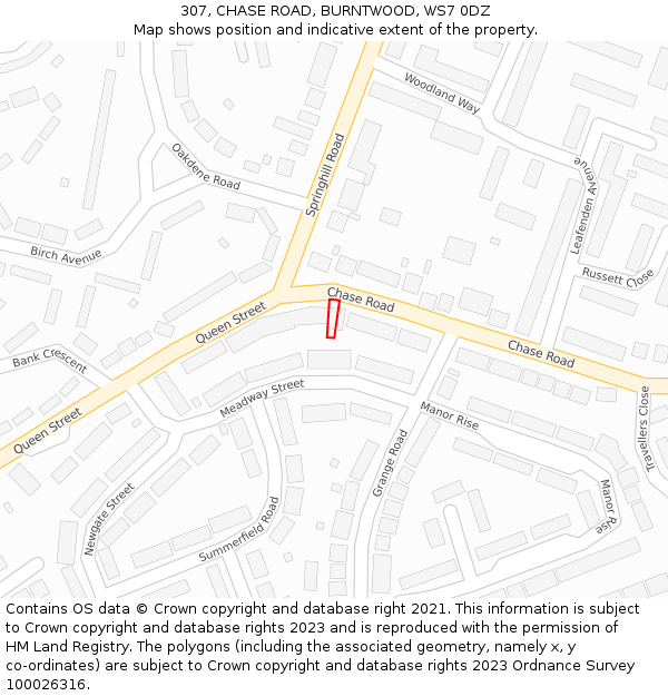 307, CHASE ROAD, BURNTWOOD, WS7 0DZ: Location map and indicative extent of plot