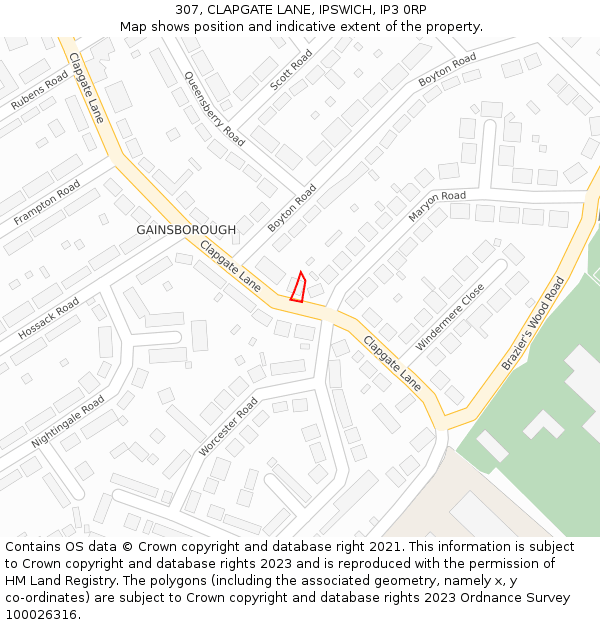 307, CLAPGATE LANE, IPSWICH, IP3 0RP: Location map and indicative extent of plot