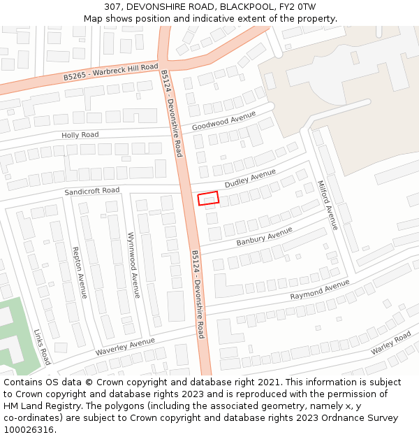 307, DEVONSHIRE ROAD, BLACKPOOL, FY2 0TW: Location map and indicative extent of plot