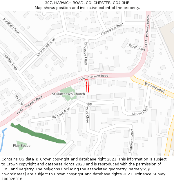 307, HARWICH ROAD, COLCHESTER, CO4 3HR: Location map and indicative extent of plot