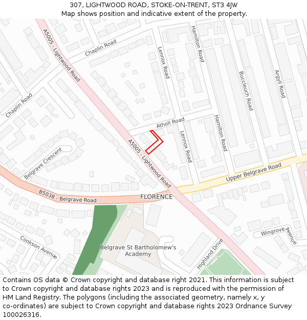 307, LIGHTWOOD ROAD, STOKE-ON-TRENT, ST3 4JW: Location map and indicative extent of plot