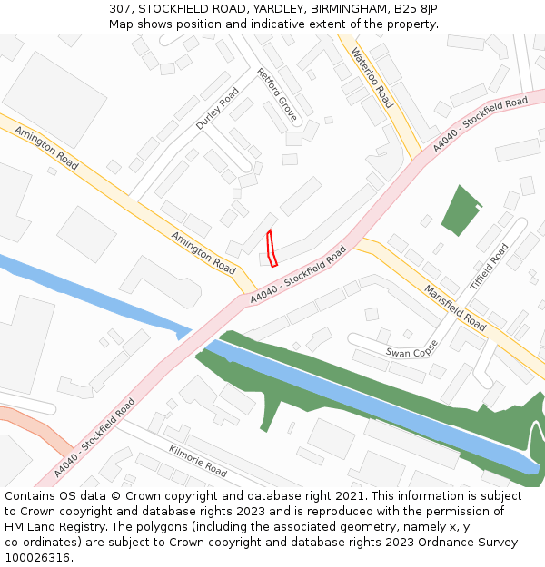 307, STOCKFIELD ROAD, YARDLEY, BIRMINGHAM, B25 8JP: Location map and indicative extent of plot