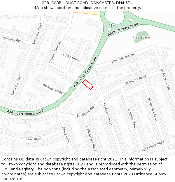 308, CARR HOUSE ROAD, DONCASTER, DN4 5DU: Location map and indicative extent of plot