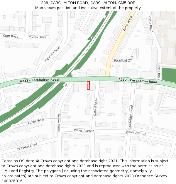 308, CARSHALTON ROAD, CARSHALTON, SM5 3QB: Location map and indicative extent of plot