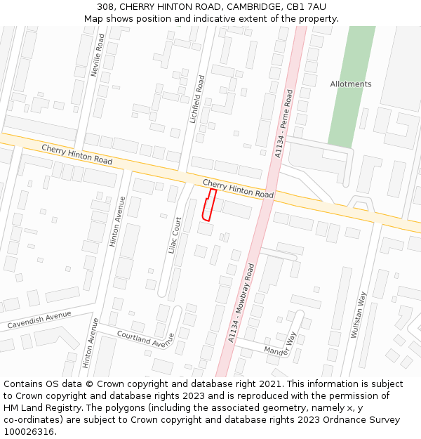 308, CHERRY HINTON ROAD, CAMBRIDGE, CB1 7AU: Location map and indicative extent of plot
