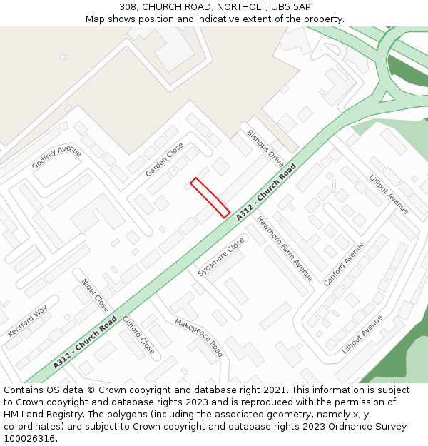 308, CHURCH ROAD, NORTHOLT, UB5 5AP: Location map and indicative extent of plot