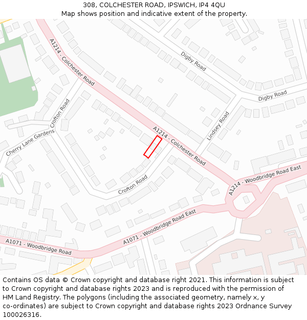 308, COLCHESTER ROAD, IPSWICH, IP4 4QU: Location map and indicative extent of plot