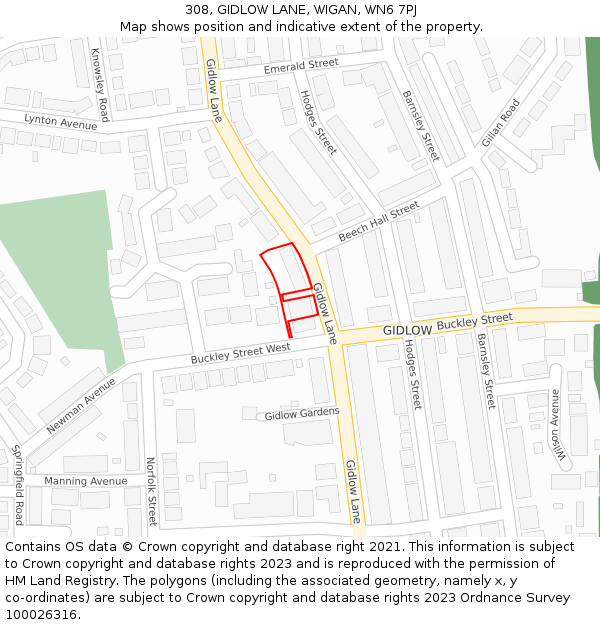 308, GIDLOW LANE, WIGAN, WN6 7PJ: Location map and indicative extent of plot