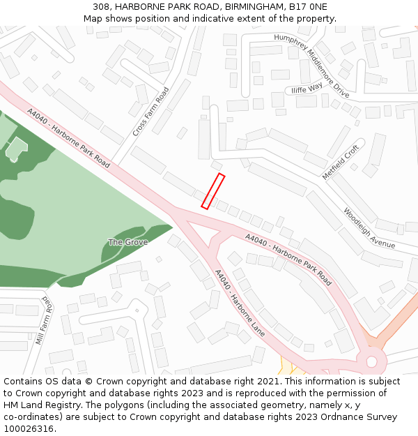 308, HARBORNE PARK ROAD, BIRMINGHAM, B17 0NE: Location map and indicative extent of plot