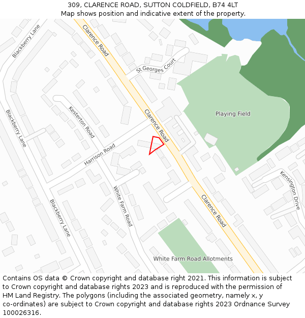 309, CLARENCE ROAD, SUTTON COLDFIELD, B74 4LT: Location map and indicative extent of plot