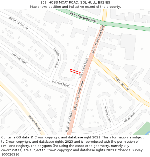 309, HOBS MOAT ROAD, SOLIHULL, B92 8JS: Location map and indicative extent of plot