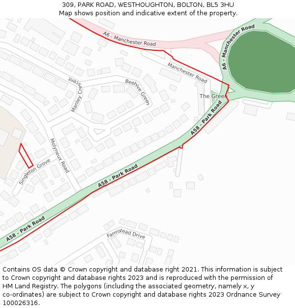 309, PARK ROAD, WESTHOUGHTON, BOLTON, BL5 3HU: Location map and indicative extent of plot