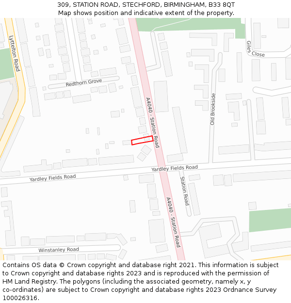 309, STATION ROAD, STECHFORD, BIRMINGHAM, B33 8QT: Location map and indicative extent of plot