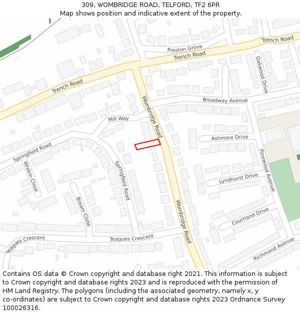 309, WOMBRIDGE ROAD, TELFORD, TF2 6PR: Location map and indicative extent of plot