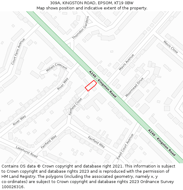 309A, KINGSTON ROAD, EPSOM, KT19 0BW: Location map and indicative extent of plot