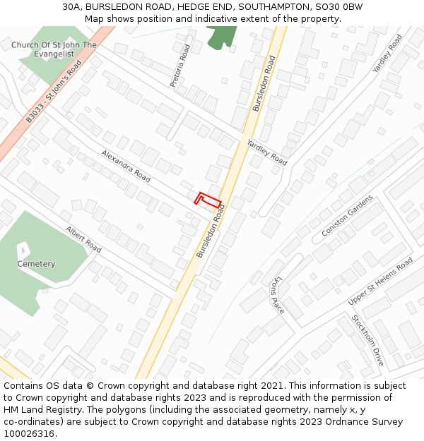 30A, BURSLEDON ROAD, HEDGE END, SOUTHAMPTON, SO30 0BW: Location map and indicative extent of plot