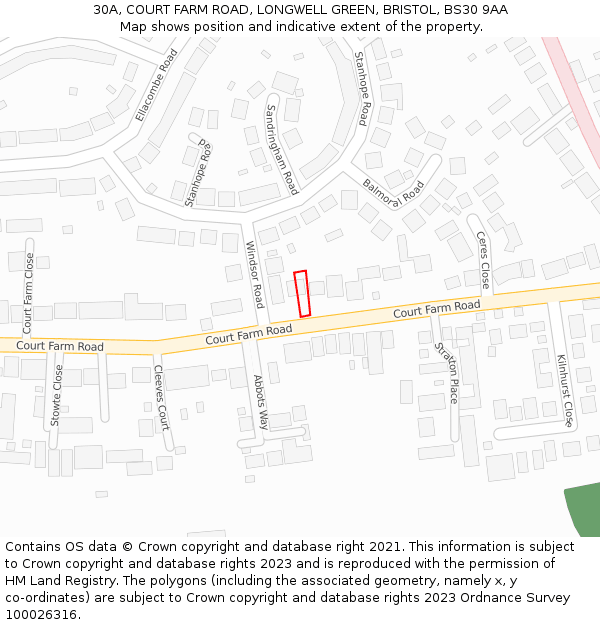 30A, COURT FARM ROAD, LONGWELL GREEN, BRISTOL, BS30 9AA: Location map and indicative extent of plot