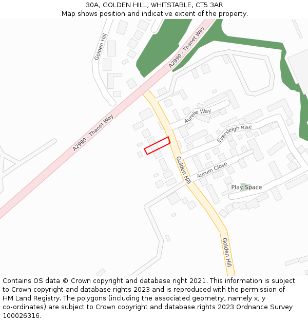 30A, GOLDEN HILL, WHITSTABLE, CT5 3AR: Location map and indicative extent of plot