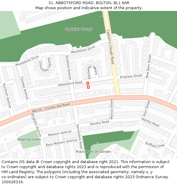 31, ABBOTSFORD ROAD, BOLTON, BL1 6AR: Location map and indicative extent of plot