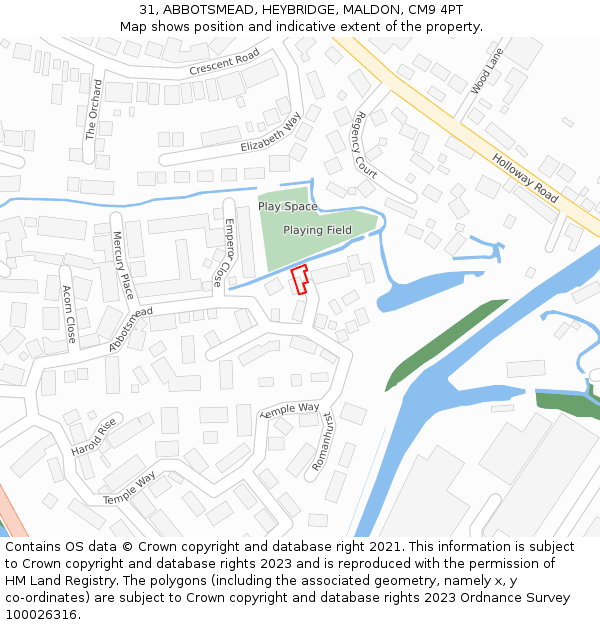 31, ABBOTSMEAD, HEYBRIDGE, MALDON, CM9 4PT: Location map and indicative extent of plot