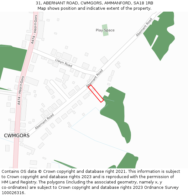 31, ABERNANT ROAD, CWMGORS, AMMANFORD, SA18 1RB: Location map and indicative extent of plot