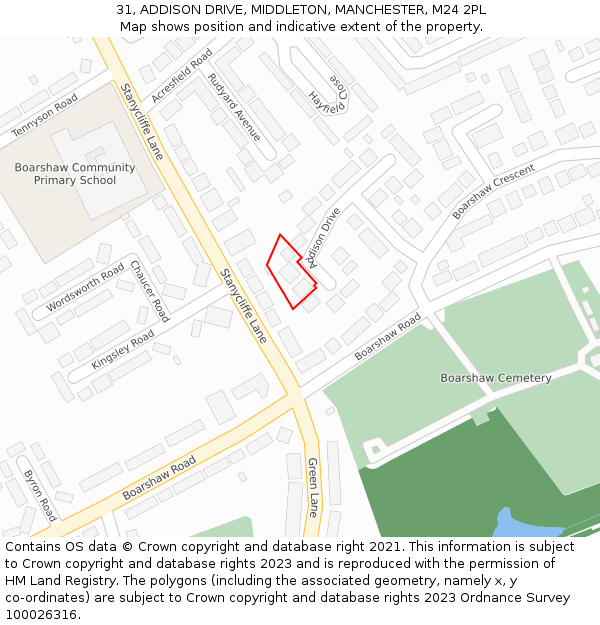 31, ADDISON DRIVE, MIDDLETON, MANCHESTER, M24 2PL: Location map and indicative extent of plot