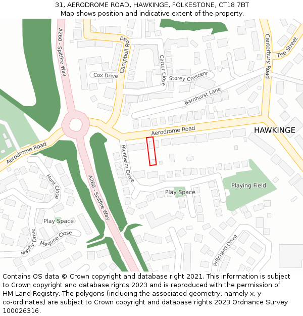 31, AERODROME ROAD, HAWKINGE, FOLKESTONE, CT18 7BT: Location map and indicative extent of plot