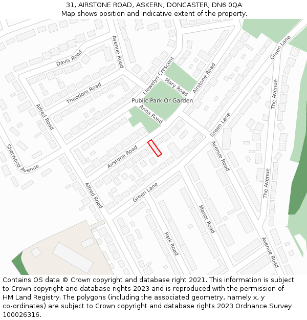 31, AIRSTONE ROAD, ASKERN, DONCASTER, DN6 0QA: Location map and indicative extent of plot