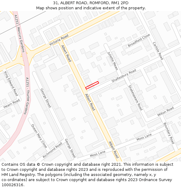 31, ALBERT ROAD, ROMFORD, RM1 2PD: Location map and indicative extent of plot