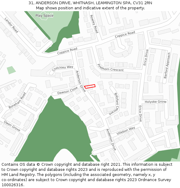 31, ANDERSON DRIVE, WHITNASH, LEAMINGTON SPA, CV31 2RN: Location map and indicative extent of plot